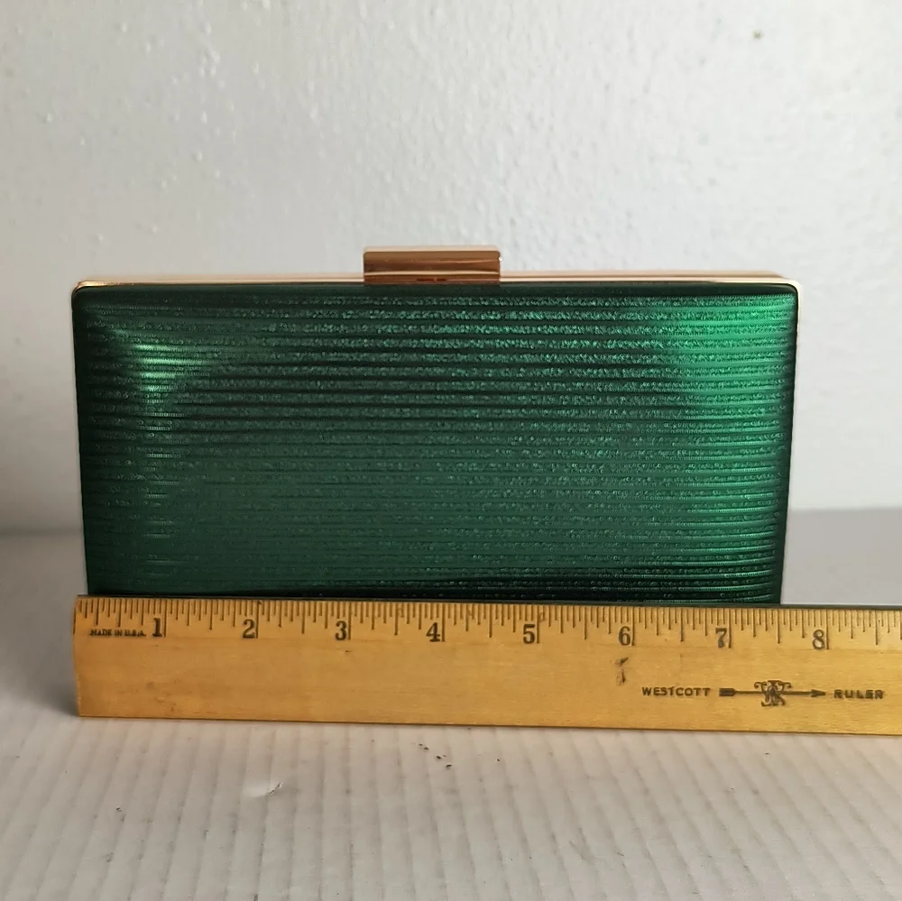 Shimmer Emerald Gold Tone Satin Evening Clutch Square Bag Metal Strap